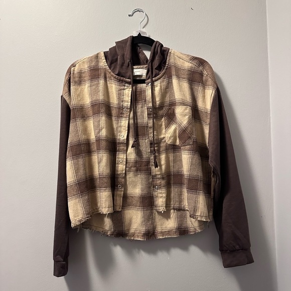 AC DC Back in Black Plaid Hoodie flannel up cycle crop pilling raw hem - Picture 4 of 5